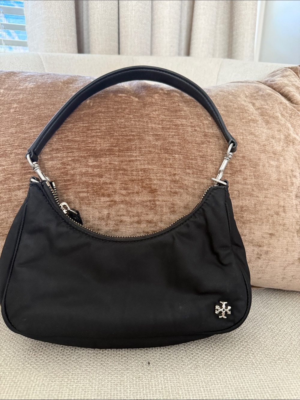 Tory Burch Black Nylon Shoulder Bag with Silver Logo Charm